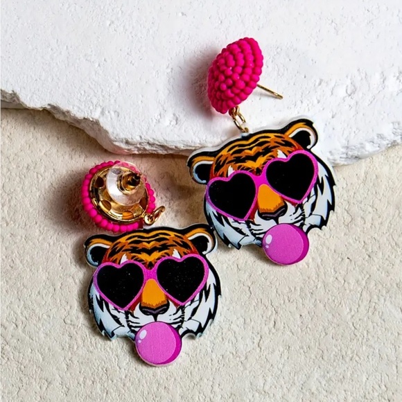 Pink Bubblegum Tiger Dangle Earrings - Picture 2 of 3